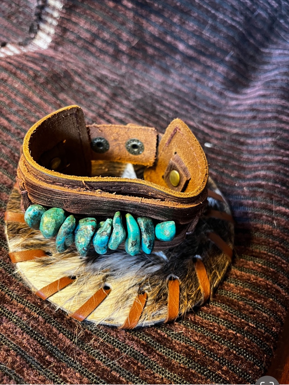 Handmade Brown Leather Bracelet with Turquoise Beads